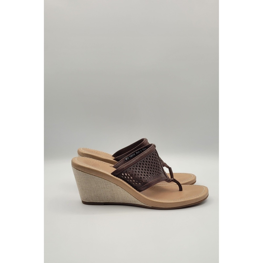 UGG Solena Women's Wedge Sandals 7.5 Brown Leather Perforated Comfort Thong - Picture 5 of 11